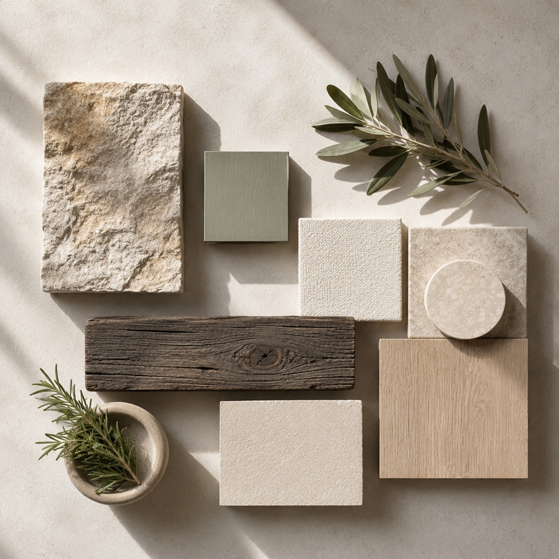Natural stone, timber and neutral materials used in the ERAWA design palette
