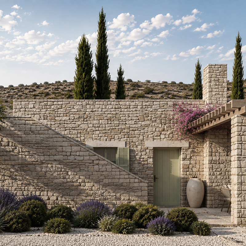 Stone architecture inspired by the traditional character of Mani