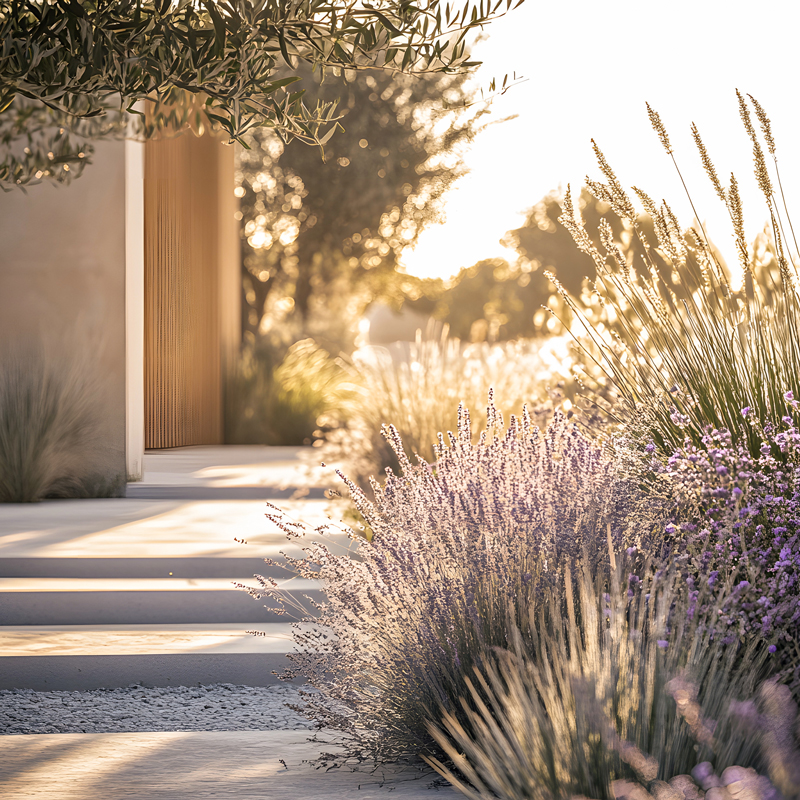 Outdoor terrace of an ERAWA residence surrounded by Mediterranean planting