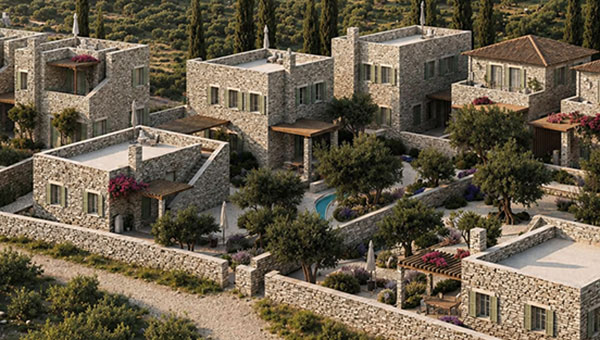 ERAWA stone residences integrated into the landscape of Oitylo, Mani